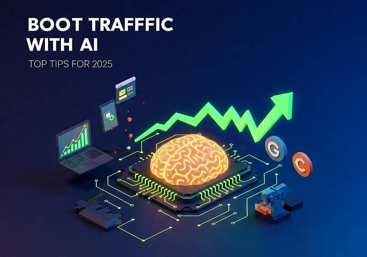 How to increase website traffic with AI Futuristic image of AI brain and traffic growth graph with tools for 2025